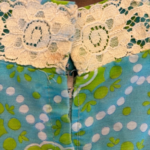 Vintage 60/70’s  Green Blue Drop Waist Dress Midi Mod Flower Power Girls Size - Picture 5 of 9